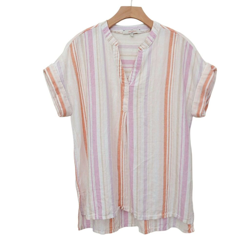 Casa Cabana Top Womens Large Pink Striped Linen Blend Coastal Nautical Travel